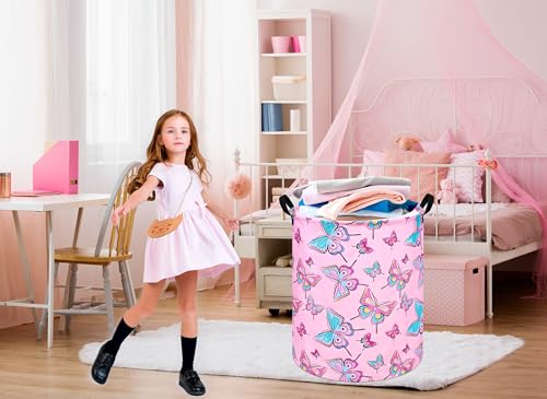 Image of Round Pink Butterfly Laundry Basket Storage Bins Nursery Hamper Gift Baskets for Home,Office,Home Decor