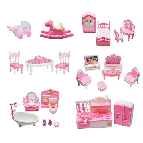 Fiotha Ensemble de Meubles de Maison de Poupée, 34 Pcs Accessoires de Maison de Poupée, Ensemble de Cuisine et de Salon, Jouets pour Garçons, Filles et Tout-Petits, Rosa