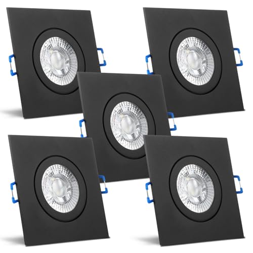 trendlights24 Mare IP44 Decken LED Bad Einbaustrahler 230V 5er Set - 5W 400lm ultra flach 35 mm - Schwarz eckig - Einbauleuchte Neutralweiß