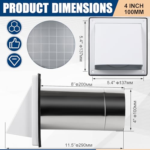 Image of Gisafai 4 inch Outside Dryer Vent Cover for Exterior Walls Exhaust Vent Cap with Removable Extension Pipe Stainless Steel Hood Cushioned Non Return Flap with Sealing Gasket Grille Screen