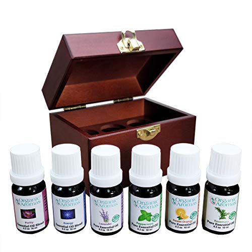 Organic Aromas Favorites Sampler Wooden Box of Six 100% Pure Essential Oils for Aromatherapy - Therapeutic Grade - for Use Diffusers