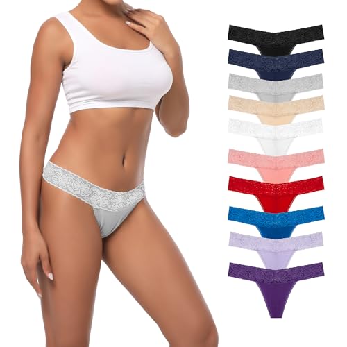 Image of Cotton Thongs For Women, Lace Thongs For Women,10 Pack Size XS to 5XL | Delicate Floral Lace Trim,Buttery Soft Stretch Waistband,Minimal Thong Cut,Daily Everyday Wear,Value Multipack Lingerie