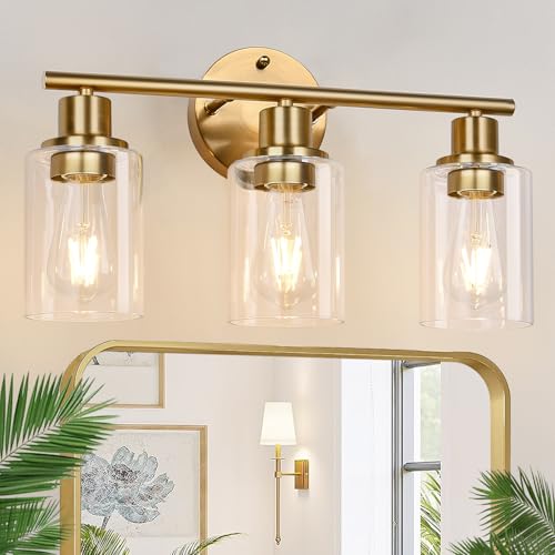 3-Light Gold Bathroom Light Fixtures, Modern Bathroom Vanity Light with Clear Glass Shade, Brushed Gold Bath Wall Mount Lights, Wall Lamp for Mirror Kitchen Bedroom Hallway Living Room Hallway