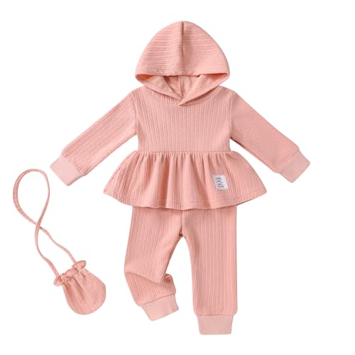 Happy Town Toddler Baby Girl Clothes Ribbed Knit Long Sleeve Hoodie Shirt Solid Pants Set with Bag Fall Winter Outfit