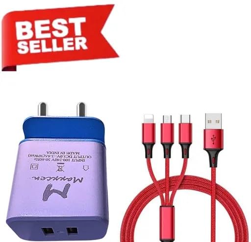 Image of 20W Dual USB Wall Charger with 3-in-1 Braided Cable, 1M