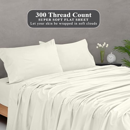Image of Royale Linens 300 Thread Count 100% Long Staple Combed Cotton - Super Soft -Top Sheet - TwinXL Flat Sheet Sold Separately - Breathable, Cool & Crisp Percale Flat Sheet Only (Twin XL, Ivory)