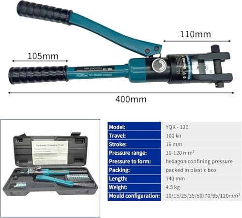 Image of Hetkrishi Hydraulic Crimping Tool and Cable Cutter Hydraulic Cable Lug Crimper 8 US TON 12 AWG to 00 (2 /0) Electrical Terminal Cable Wire Tool Kit with 10 Die (YQK-120)|Multicolor