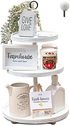 SensaCasa Farmhouse Tiered Tray – 3 Tier Tray – Rustic White Three Tier Tray - Wooden Farmhouse Kitchen Decor – 3 Tier Serving Trays – Wood Round Tiered Stand