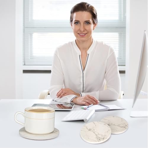6 Pack White Marble Coaster Set with Holder Absorbent Drink Coasters Ceramic Cute Coaster Bar Dining Coffee Table Accessories Decor Gift Funny Cup Stone Modern Costers Cool Desk Beer Cork Coasters by Deceram - Image 5