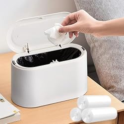 MONGTINGLU Mini Trash Can with Lid Removable Small Garbage Can, Tiny Plastic Trash Bin, Pop Up Countertop Wastebasket, Counter Garbage Lint Bin for Bathroom,Office,Kitchen,Desk(White)
