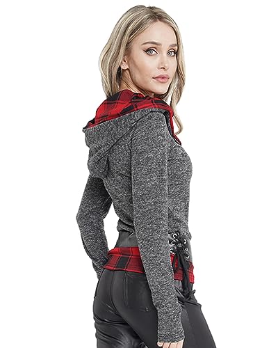 Image of DRESSFO 2024 Women's Knit Hooded Color Block Plaid Shirt Sweatshirt Pullover Sweatshirt Top With Lace-up Belt