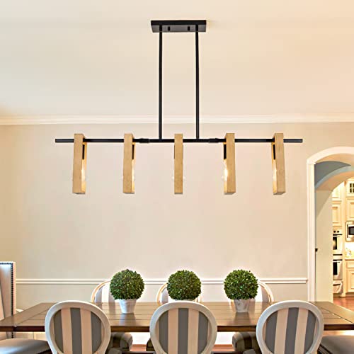 Poroulux Dining Room Chandelier Farmhouse Kitchen Island Lights Ceiling Hanging 5 Lights Wood and Black Light Fixture Rustic Pendant Lighting 41.3" by Poroulux - Used condition - Image 8