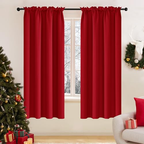 Deconovo Blackout Christmas Curtains, Thermal Insulated Rod Pocket Window Drapes, Noise Reducing, Oeko-TEX Certified, Room Darkening Curtains for Bedroom/Living Room, 2 Panels, Red, 42W x 72L