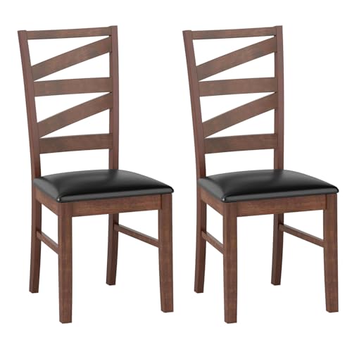 Image of COSTWAY Wooden Dining Chairs Set of 2, Farmhouse Kitchen Side Chair with High Back, PVC Leather Padded Seat, Armless Chairs for Dining Room, Living Room, Home Kitchen, Restaurant (Walnut & Black)