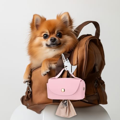 Image of Affrolling 5 Pcs Leather Dog Poop Bag Holder Christmas Include 45 Scented Poop Bags Dispenser Cute for Travel Walking Dog Park and Outdoor Use(Pink)