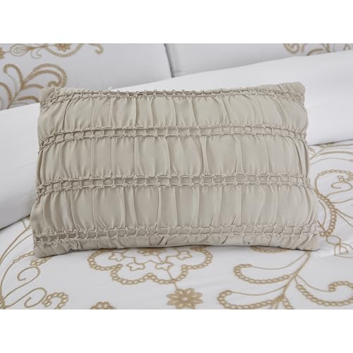 Image of Modern Threads Sabrina Embroidered Comforter Set - 5 Piece White Bed Set with Gold Detailing, Decorative Pillows & Shams, Luxuriously Soft Jacquard Bedding, Queen