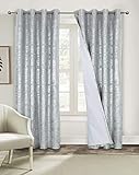 always4u Gardinen mit Muster Silber Blickdicht 100%, Samt Vorhang Wohnzimmer, Vorhang Verdunkelung Kurz mit ösen, Stoff Glänzend Eleganter, Silber 2er Set 245x140cm