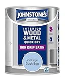 Johnstone's - Quick Dry & Nondrip Satin Paint for Wood & Metal - Vintage Duck Egg | Interior & Exterior | Self-Undercoating, Low Odour, Water-Based, Dry in 1-2 Hours | 12m2 Coverage per Litre | 750ml