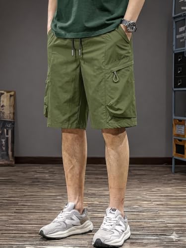 Image of Men's 100% Pure Cotton Cargo Shorts | Regular Fit Solid Knee Length Shorts with Multiple Utility Pockets | Casual Outdoor Summer Shorts for Men
