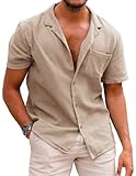 COOFANDY Men's Linen Shirts Short Sleeve Summer Holiday Shirt for Men Button Down Beach Shirts Tops Khaki L