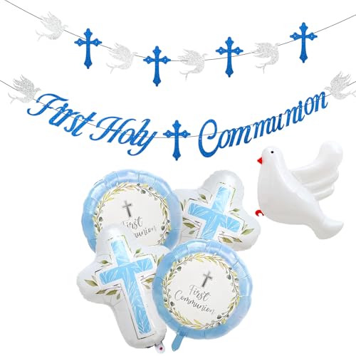 First Holy Communion Decorations Blue Set Communion Banner Communion Foil Balloons Dove Cross Party Supplies Boys Girls First Communion Decorations Confirmation Decorations Church Party Backdrop Kit