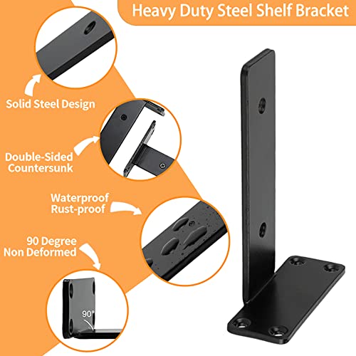 Fuqilala Heavy Duty Floating Shelf Brackets, 2 Pcs Of 8 Inch Industrial Shelf Bracket, 1/5 Inch Thick Black Metal Hidden Invisible L Shelves Brackets For Kitchen, Bathroom, Warehouse, Fireplace #TOP2