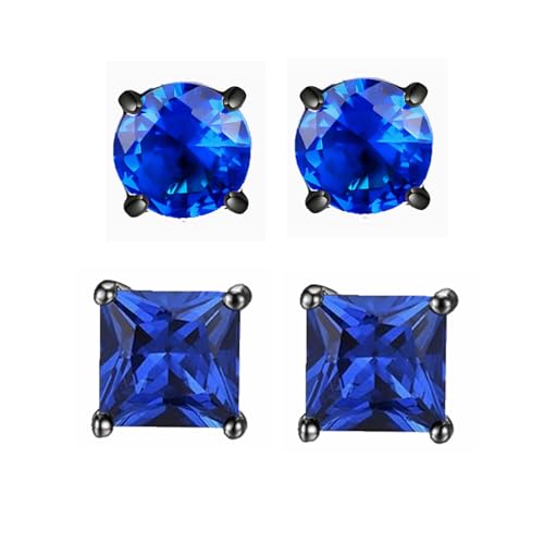 2 Pairs Hypoallergenic Mens Black CZ Stud Earrings Stainless Steel Princess Square Cut Cubic Zirconia Earring Studs for Sensitive Ears 6mm