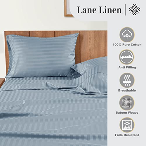 Lane Linen 100% Cotton Queen Striped Sheet Set With Deep Pocket Fitted Sheets, 4 Piece Hotel Luxury, Soft Cotton Striped Bed Sheets Set For Queen Size Bed, 1 Fitted Sheet, 1 Flat, 2 Pillowcases - Blue #TOP5