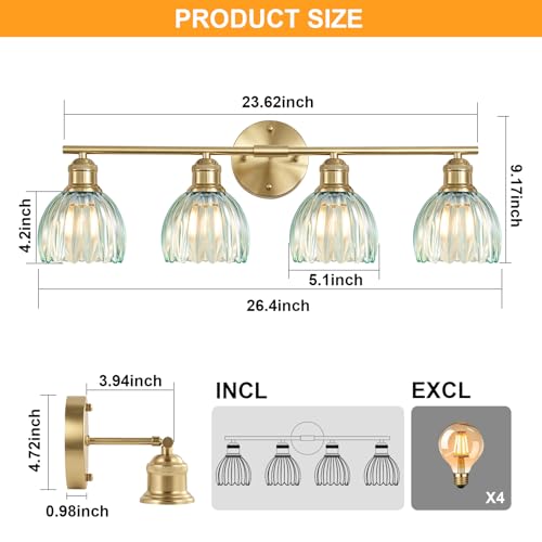 Image of Bathroom Light Fixtures, 4-Light Brushed Gold Vanity Lights for Bathroom with Blue Tulip Glass Shade, 26 inch Vintage Bathroom Vanity Lighting Fixtures Over Mirror for Bedroom Living Room Hallway