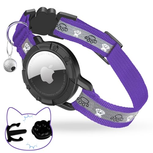 Collier de sécurité pour chaton violet ajustable avec support AirTag de qualité