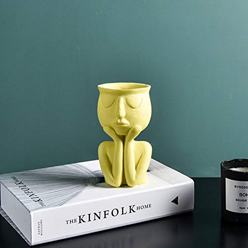 Ceramic Planter Pot,Character Portrait Flower Pot Resin Succulent Plant Pot,Table Succulent Cactus Vase Sitting Human Shaped Flower Holder Desktop Plant Container-Abstract Face Flower Pot Yellow