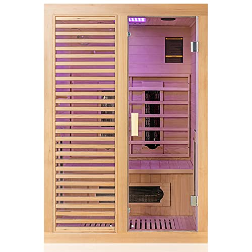 Dewello® Infrarotkabine Infrarotsauna Hamlin 130x105 für 1-2 Personen aus Hemlock Holz mit Keramikstrahler, Bodenstrahler, LED-Farblicht, Bluetooth, FM,MP3,USB