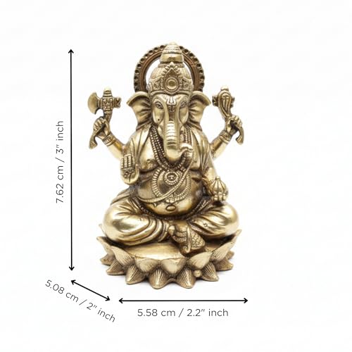 Image of eCraftIndia Golden Brass Blessing Lord Ganesha Idol Sitting on Lotus Flower | Decorative Ganpati Murti for Home Decor, Pooja Room & Gift