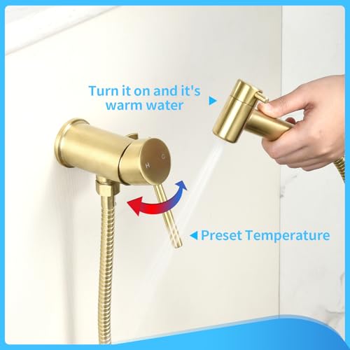 KWOCI Brushed Gold Hot and Cold Bidet Sprayer Set Mounted on The Bathroom Vanity, Stainless Steel Warm Water Bidet Sprayer for Toilet with Brass Hot and Cold Mixing Valve - Thumbnail 3