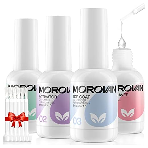 Morovan Dip Powder Liquid Set with Activator Base Top Coat and Dipping Powder Brush Saver 4pcs 0.5oz for Dip Powder Nail Kit