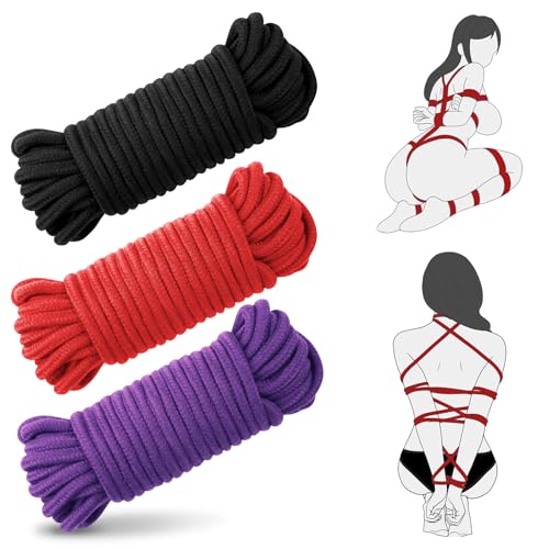 3Pack 10M/32 Feet Bondage Cotton Rope BDSM Rope Restraint Kit for Women Men Extreme Love Handcuffs Equipment Set Adult SM Toys for Black Red & Purple Soft Rope for Couples SM Play