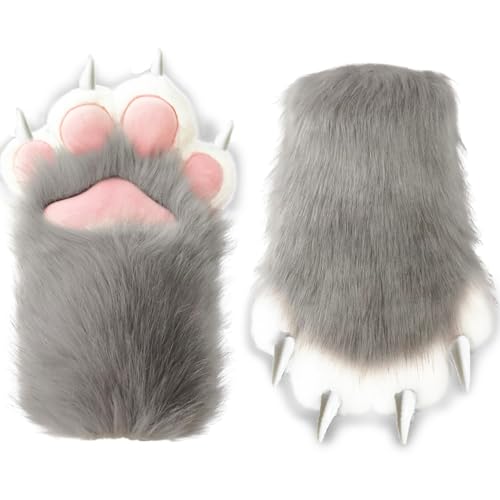 MARICROSEA Unisex Furry Paws Grey Meidum Size, Faux Fox Fur Plush Therian Paws Gloves with Claws, Halloween Cosplay Costume Accessories for Adults