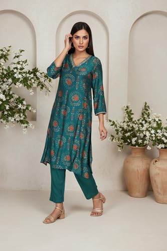 Image of W for Woman Floral Printed Embellished A-Line Art Silk Kurta with Straight Pant Set