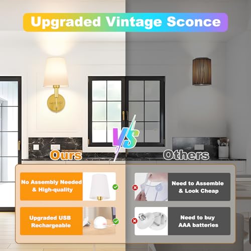 Wireless Rechargeable Wall Sconce, Battery Operated Wall Lights with Remote, Wall Lamps with Dimmable RGB LED Bulbs, No Wiring Gold Sconces Wall Decor Set of 2 for Bedroom Living Room Hallway - image 3