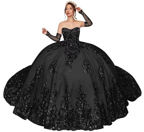 TRHTX Sparkly Beaded Quinceanera Dresses with Sleeves Puffy Tulle Sweet 16 Dresses Strapless Ball Gown