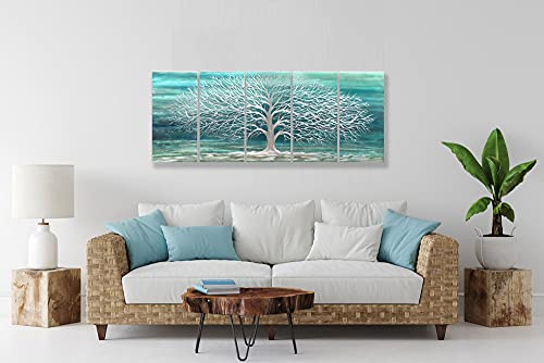 Richspace Arts Home And Kitchen Metal Wall Art Gray White Tree Turquoise Nature Scene Decor 3D Wall Sculpture With Hanger Set Of 5-Piece Ornament #TOP7