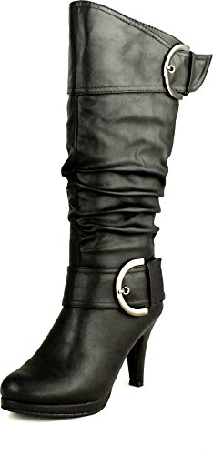 TOP Moda Womens Page-22 Knee High Round Toe Buckle Slouched Low Heel Boots