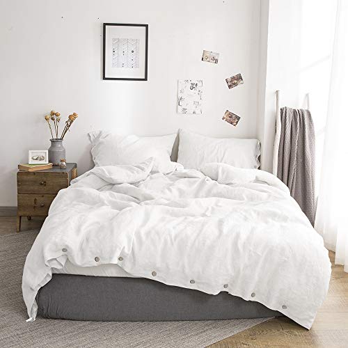 Simple&Opulence 100% Washed Linen Duvet Cover Queen Size -3 Pieces - Natural Flax French Country Bedding Set - Breathable Farmhouse Comforter Cover with Coconut Button Closure - White
