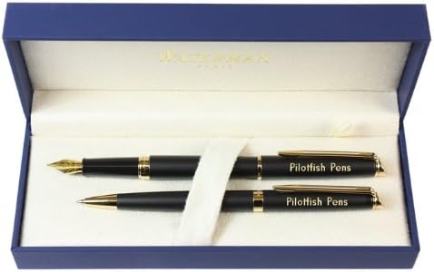 Waterman Hemisphere Fountain & Ballpoint Pen SET Matt Black Gold Trims Boxed Personalised Gift ENGRAVED