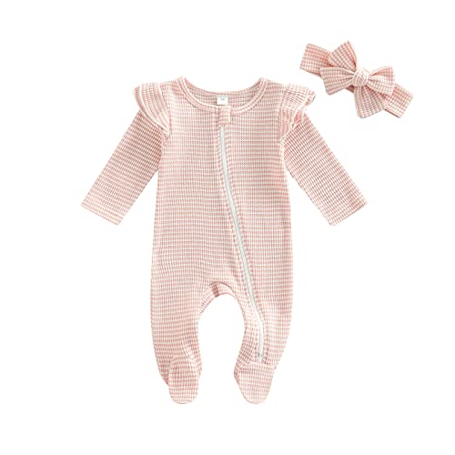 Image of BemeyourBBs Newborn Baby Girl Clothes Ruffle Baby Sleeper Zipper Footie Romper Playsuit with Headband Outfit
