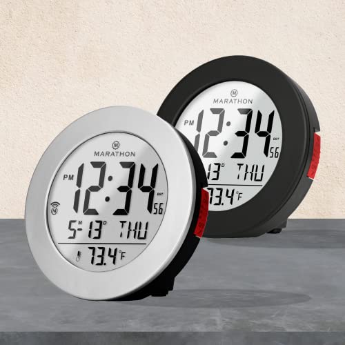 Marathon Round Atomic Alarm Clock With Push-Button Backlight, Black - 12 Or 24-Hour Time, Eight Time Zones, Indoor Temperature, Date - Two Aaa Batteries Included #TOP6