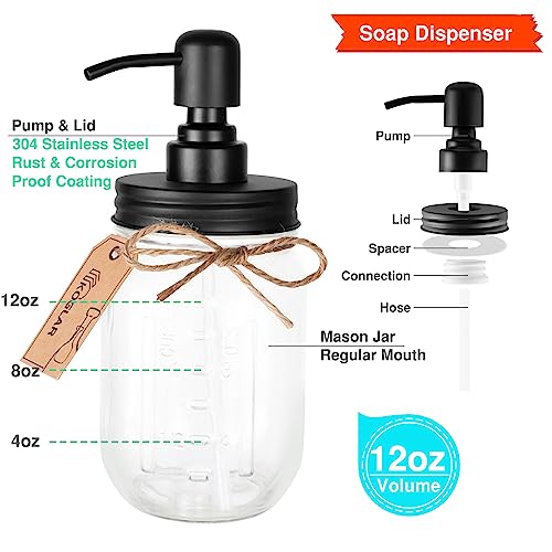 Mason Jar Bathroom Accessories Set 4 Pcs - Lotion Soap Dispenser & Toothbrush Holder & 2 Cotton Swab Holders - Rustic Farmhouse Bathroom Decor Countertop Vanity Organizer, Black #TOP1