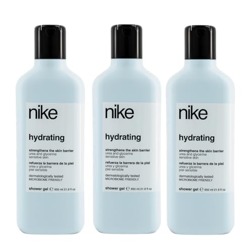 NIKE - Gel de Baño Hidratante 3x650 ml, Pack 3, Gel Ducha, Hidratación, con Urea y Glicerina, Refuerza la Barrera de la Piel, Fórmula Respetuosa con el Microbioma Cutáneo, Cuidado Avanzado de la Piel
