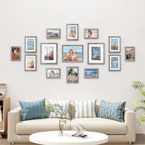Image of Vittanly 15 Pack Picture Frames Collage Wall Decor for Mounting or Tabletop Display, Gallery Frame Set for Family, Multi Sizes Including 3pcs 8x10, 6pcs 5x7, 6pcs 4x6, Grey