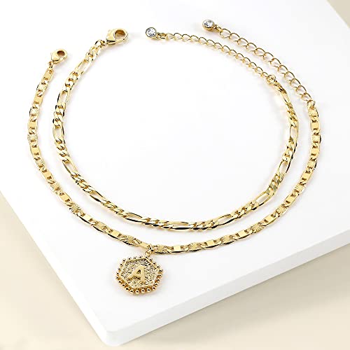 Wowshow Ankle Bracelets For Women,Gold Anklets 14K Real Gold Plated Layered Initial Anklet For Teen Girls With Letter T Hexagon Pendant #TOP3
